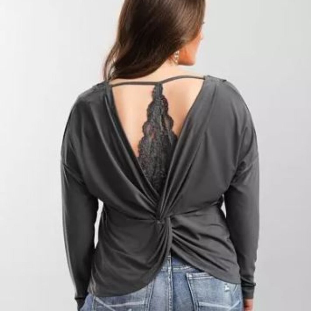 Lace Trim Top - Charcoal Gray (S) - DAYTRIP